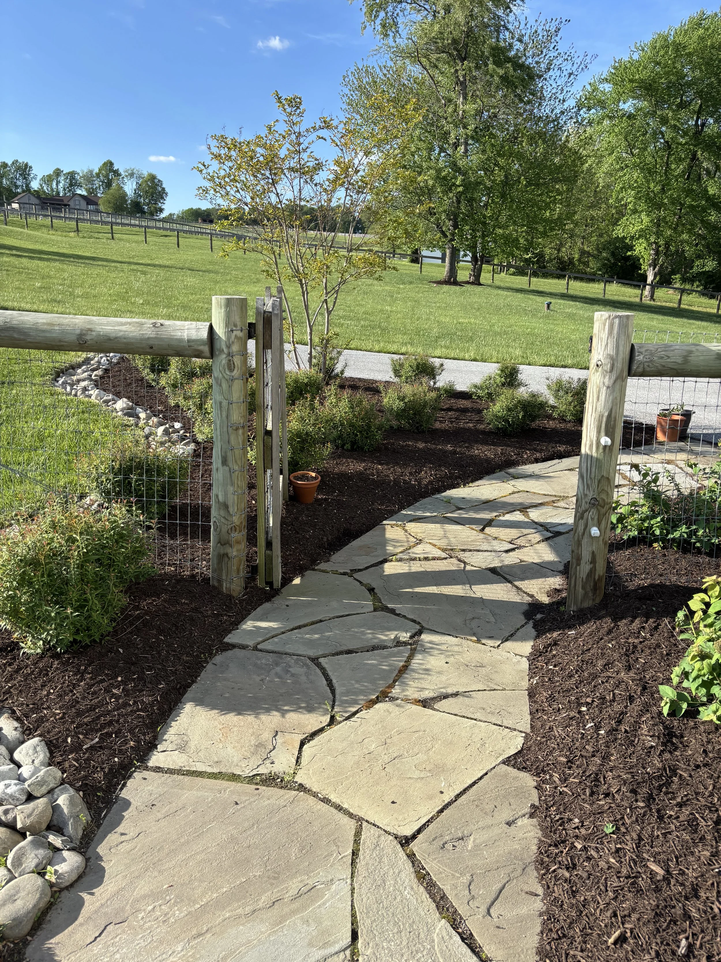 A stone pathway in a garden enclosed by wood and wire fencing, leading to a grassy yard with trees in the background under a blue sky.