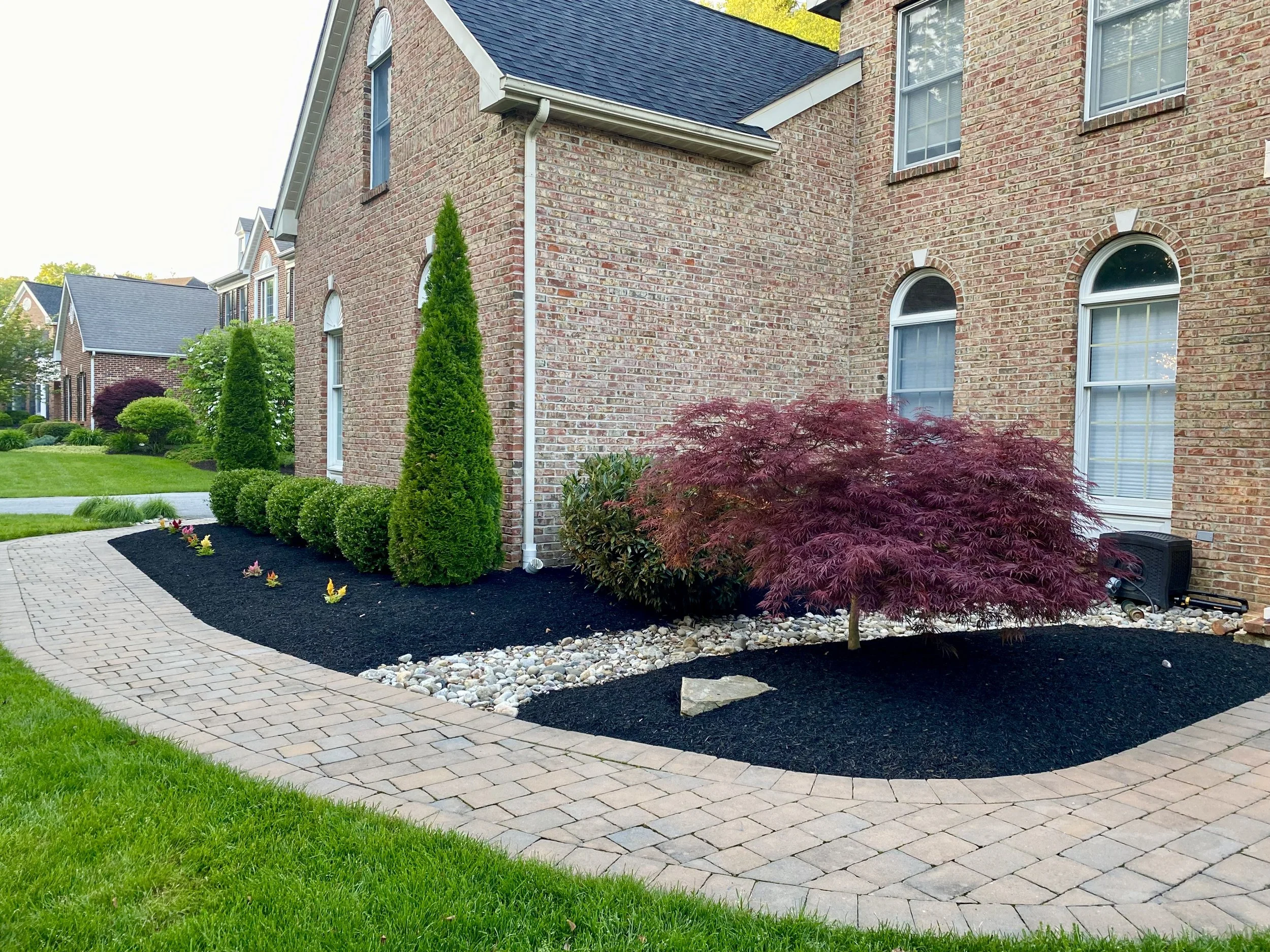 A brick house with a landscaped front yard featuring trimmed bushes, a red maple tree, and a paved walkway.