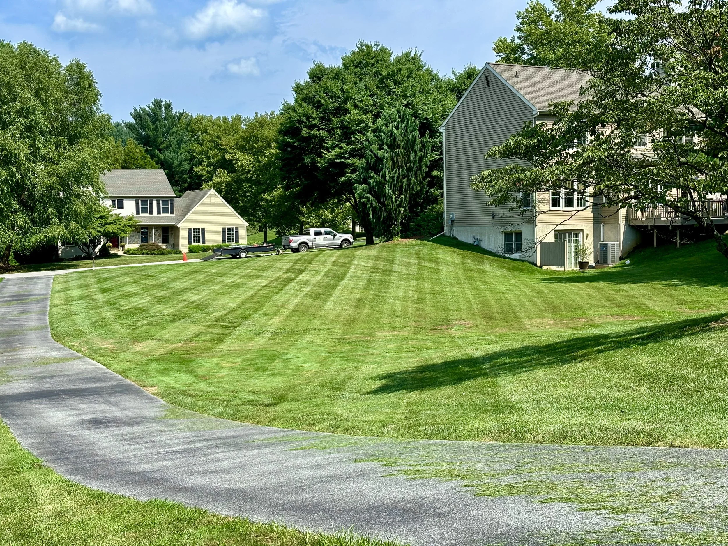 Beautiful green lawn with striped grass, a curved driveway on the left, and houses in the background surrounded by trees under a blue sky with some clouds.