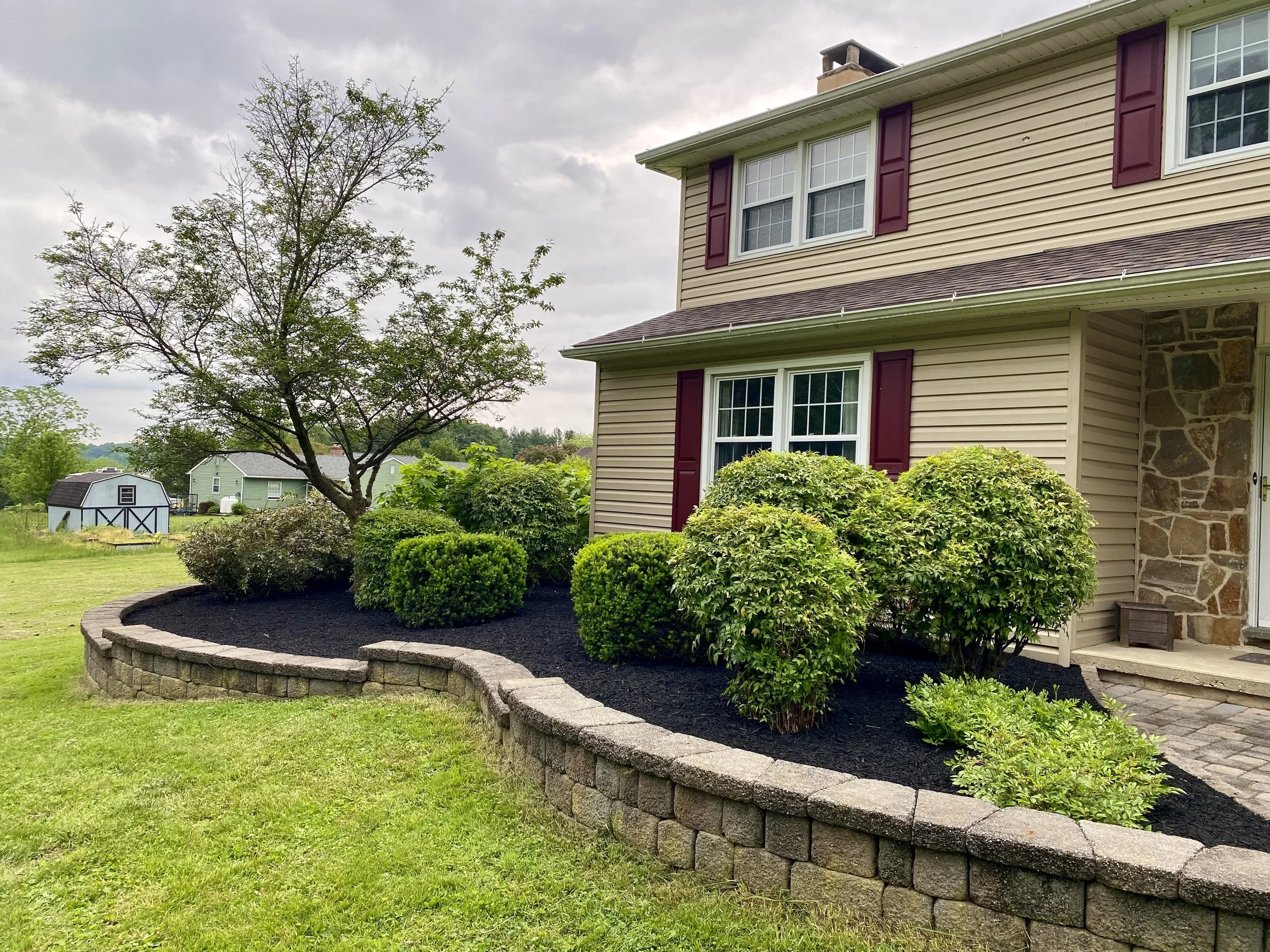 Lawn with a flower bed bordered by stones, shared house with beige siding and purple shutters, tree, cloudy sky, and a small shed in the background.