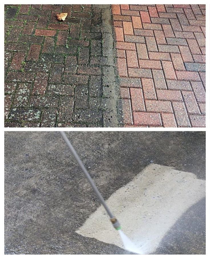 Before and after images of a pavement and curb being cleaned, with the dirty and stained pavement on top and the cleaned, bright pavement below.