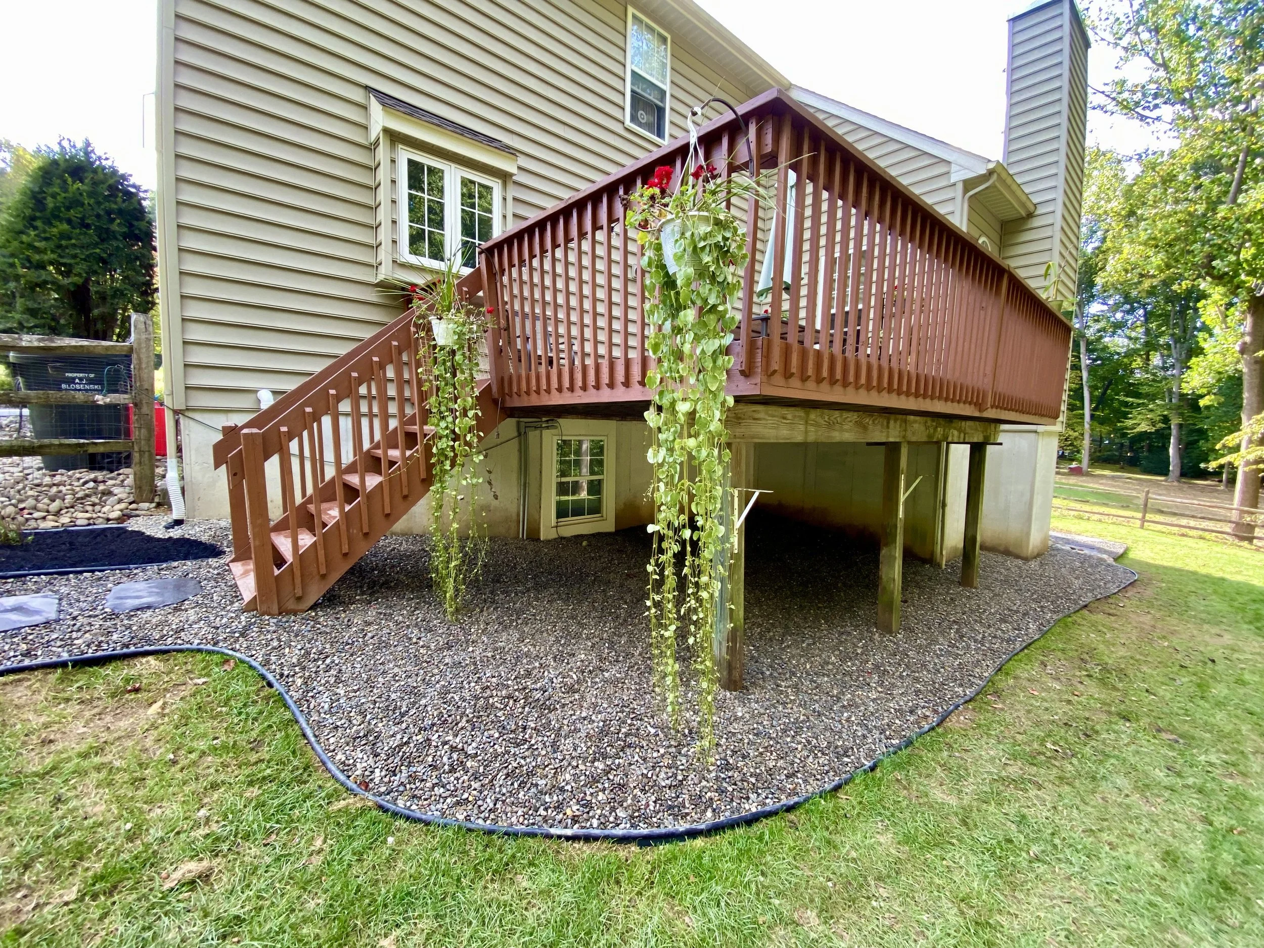 Backyard of a house with a raised wooden deck and stairs, surrounded by green grass and trees.