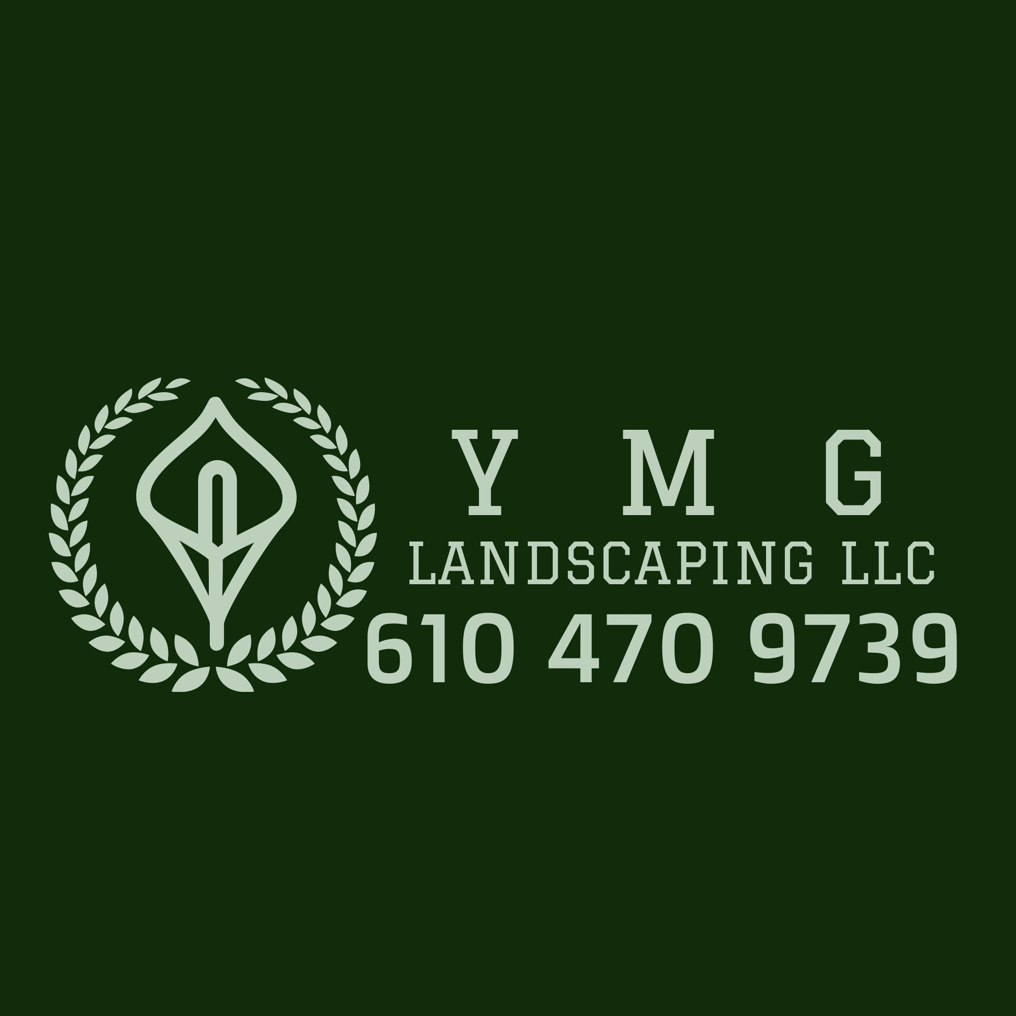 Green background with white logo and text for YMG Landscaping LLC, including a phone number