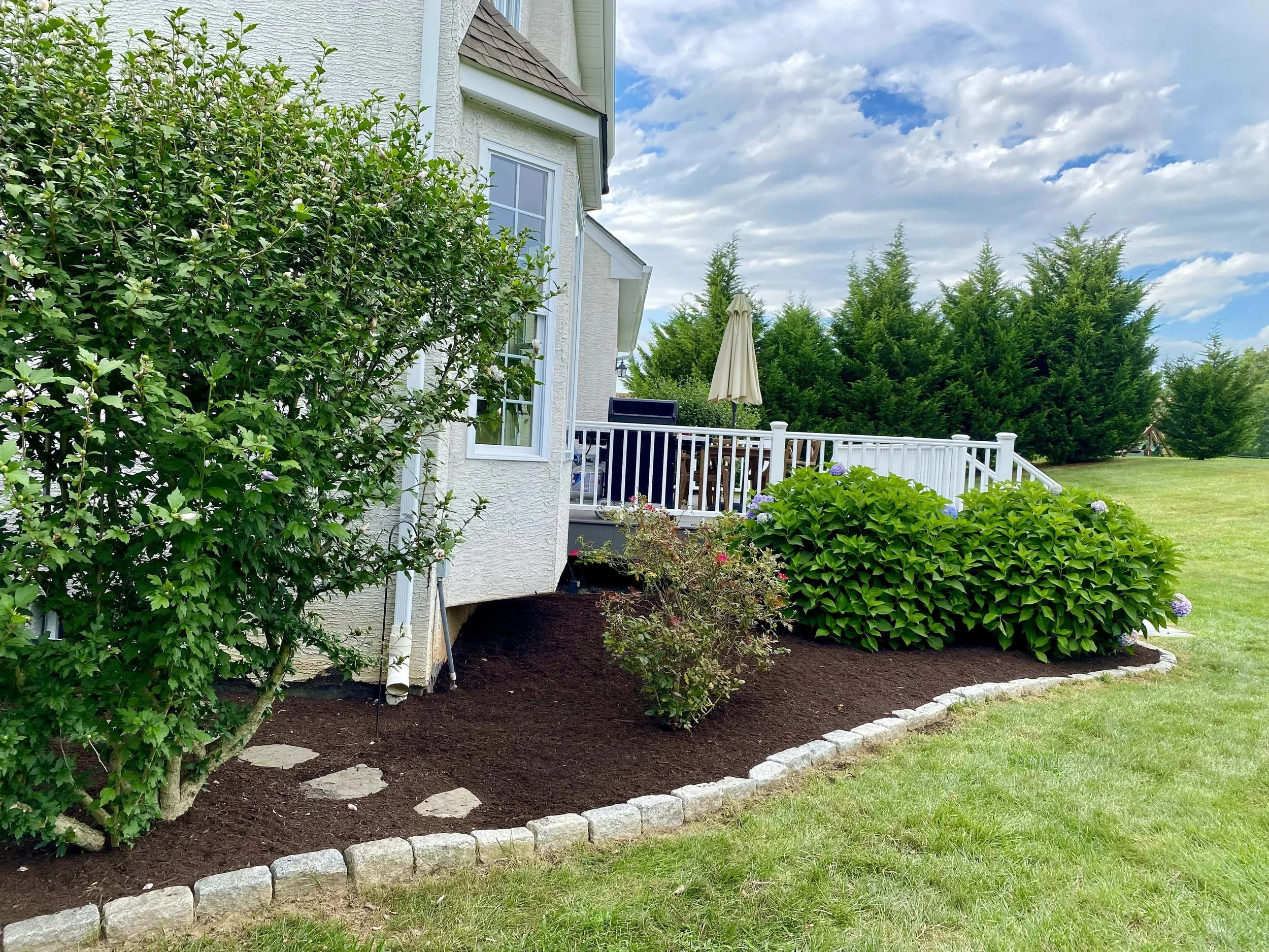 A landscaped backyard with a flower bed edged with gray bricks, green bushes, a wooden deck with outdoor furniture, a closed umbrella, and a row of tall evergreen trees in the background under a partly cloudy sky.