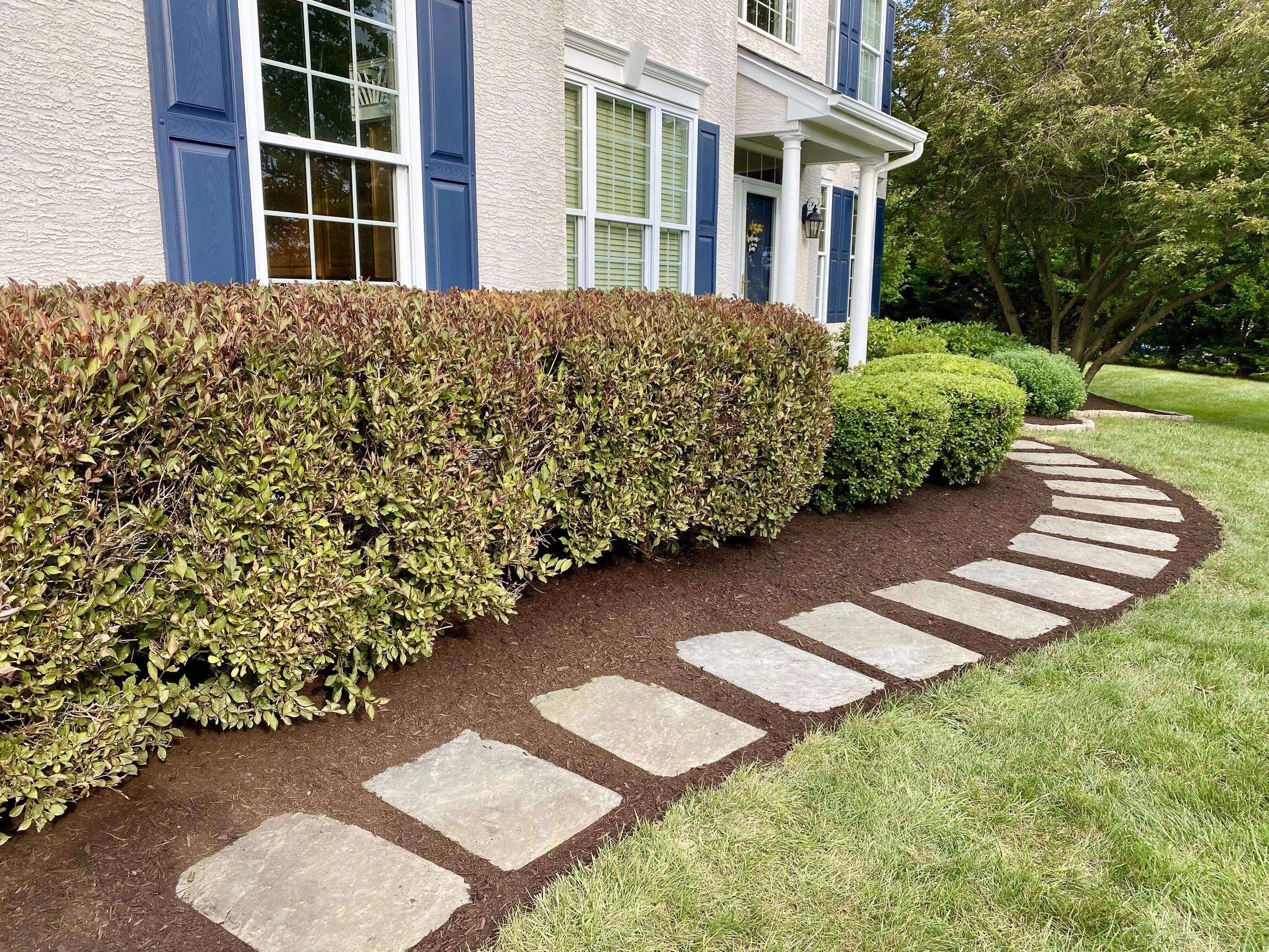 Curved stone pathway leading to a house with blue shutters and white exterior, surrounded by trimmed bushes and a green lawn.