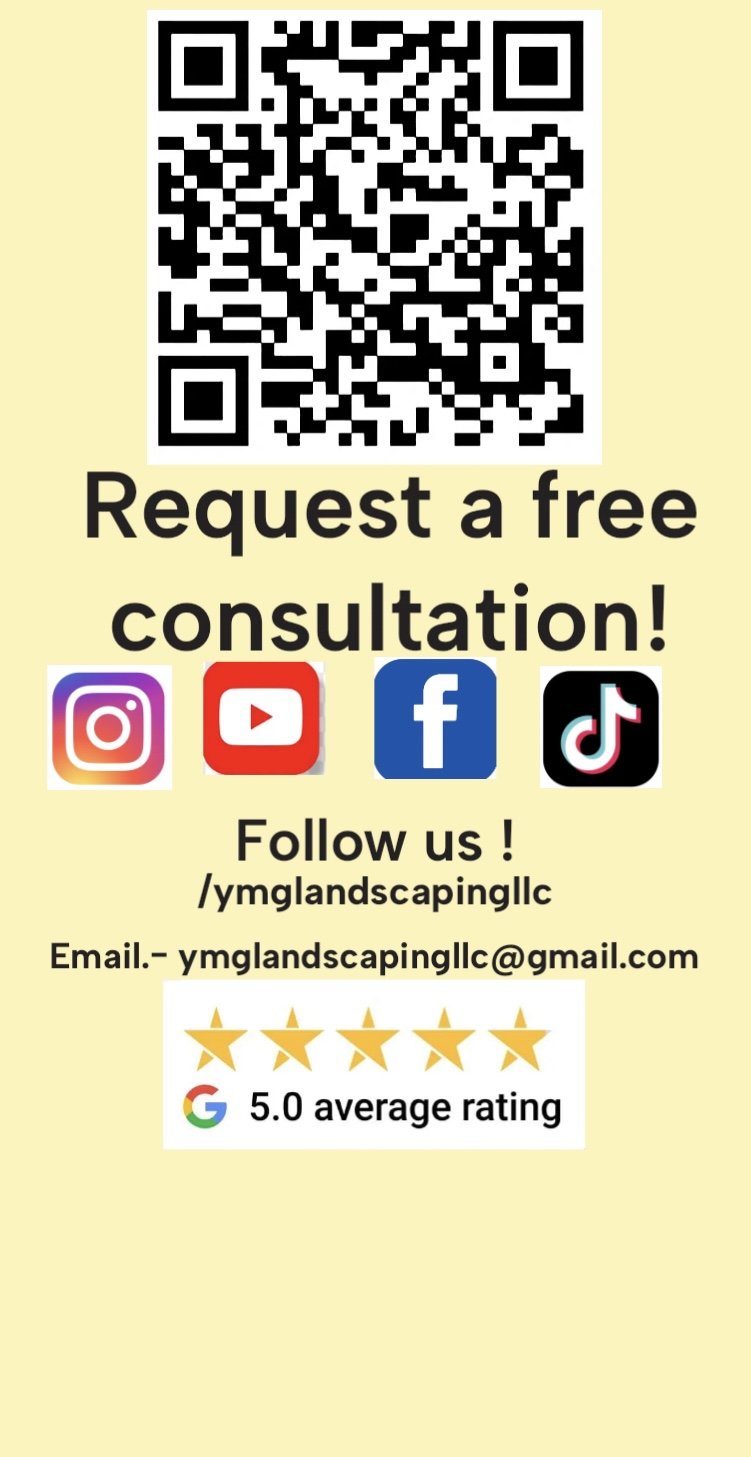A promotional flyer with a QR code at the top, followed by text that says "Request a free consultation!" and icons for Instagram, YouTube, Facebook, and TikTok. The flyer encourages viewers to follow on social media and provides an email address. At 
