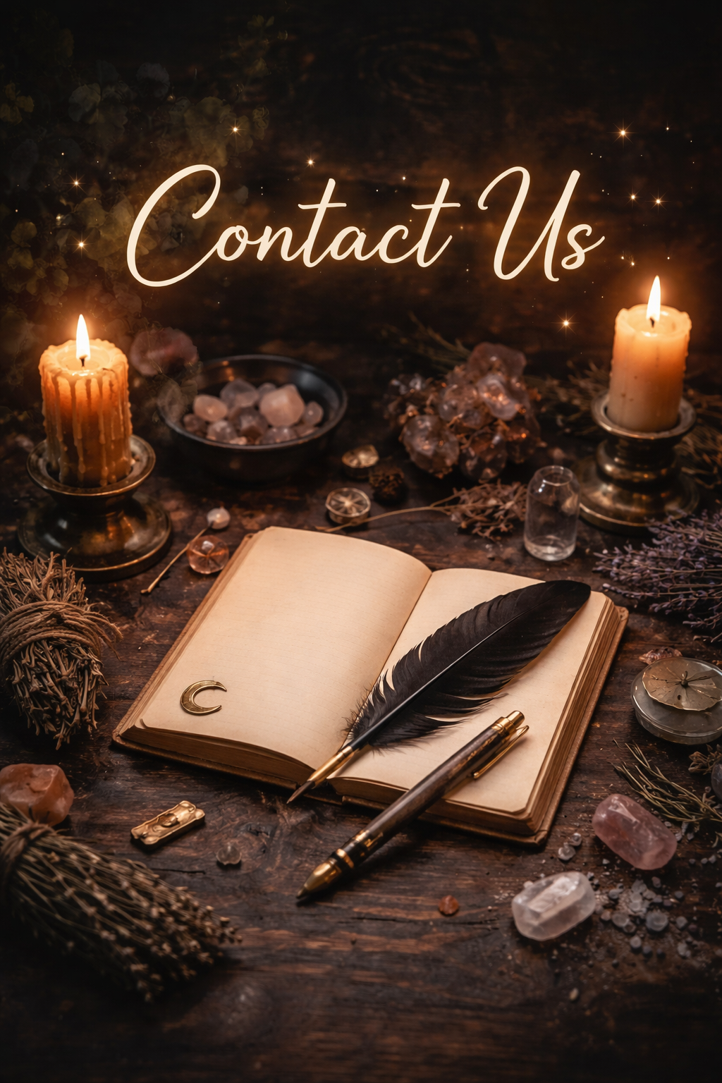 A dark, mystical scene with two lit candles, an open vintage notebook with a black feather and a gold pen, and various crystals and gemstones scattered on a wooden surface. The words 'Contact Us' are written in elegant script in the upper part of the image.