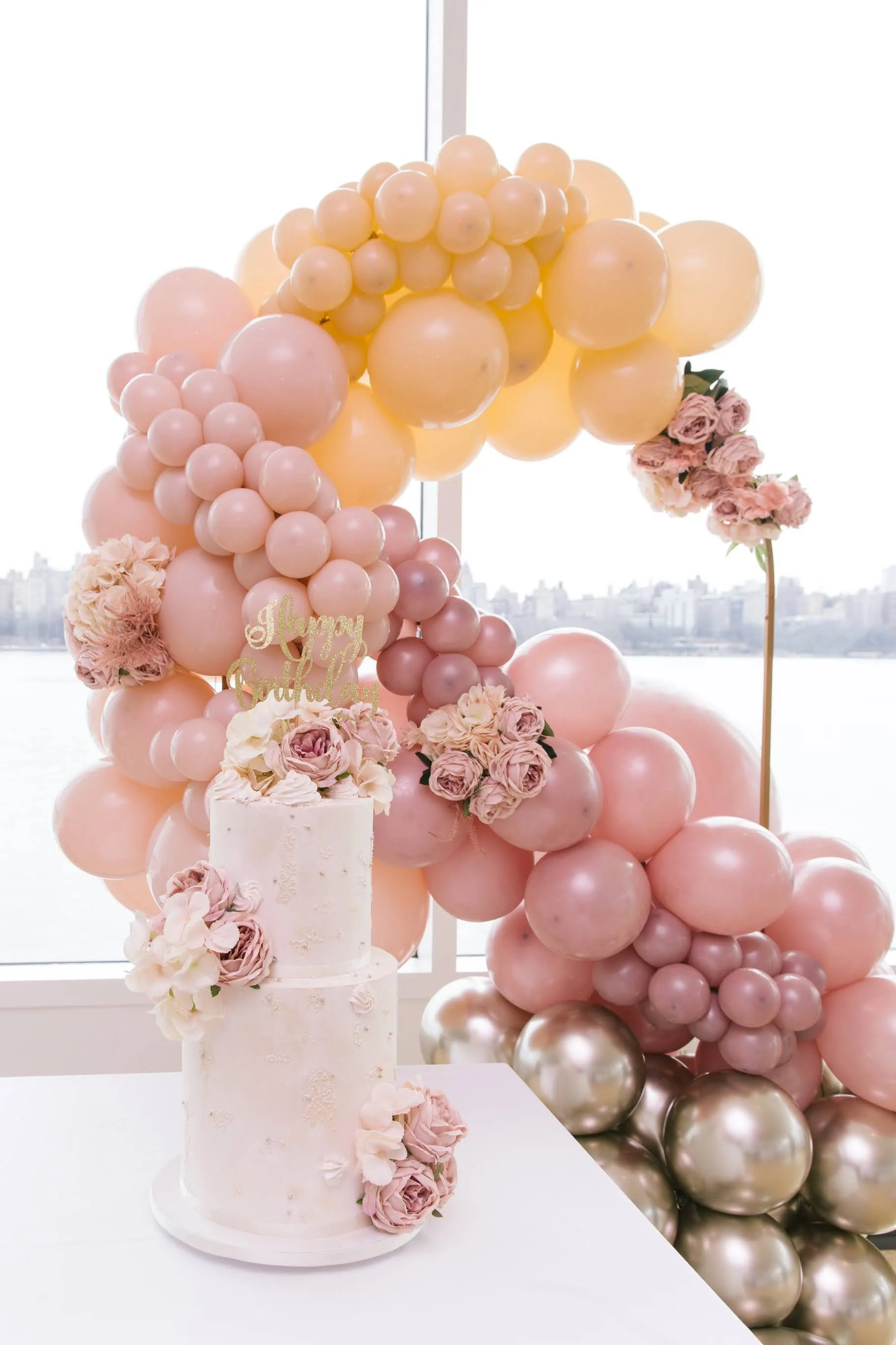 Rosy Pink and cream 50th Birthday Balloon Arch