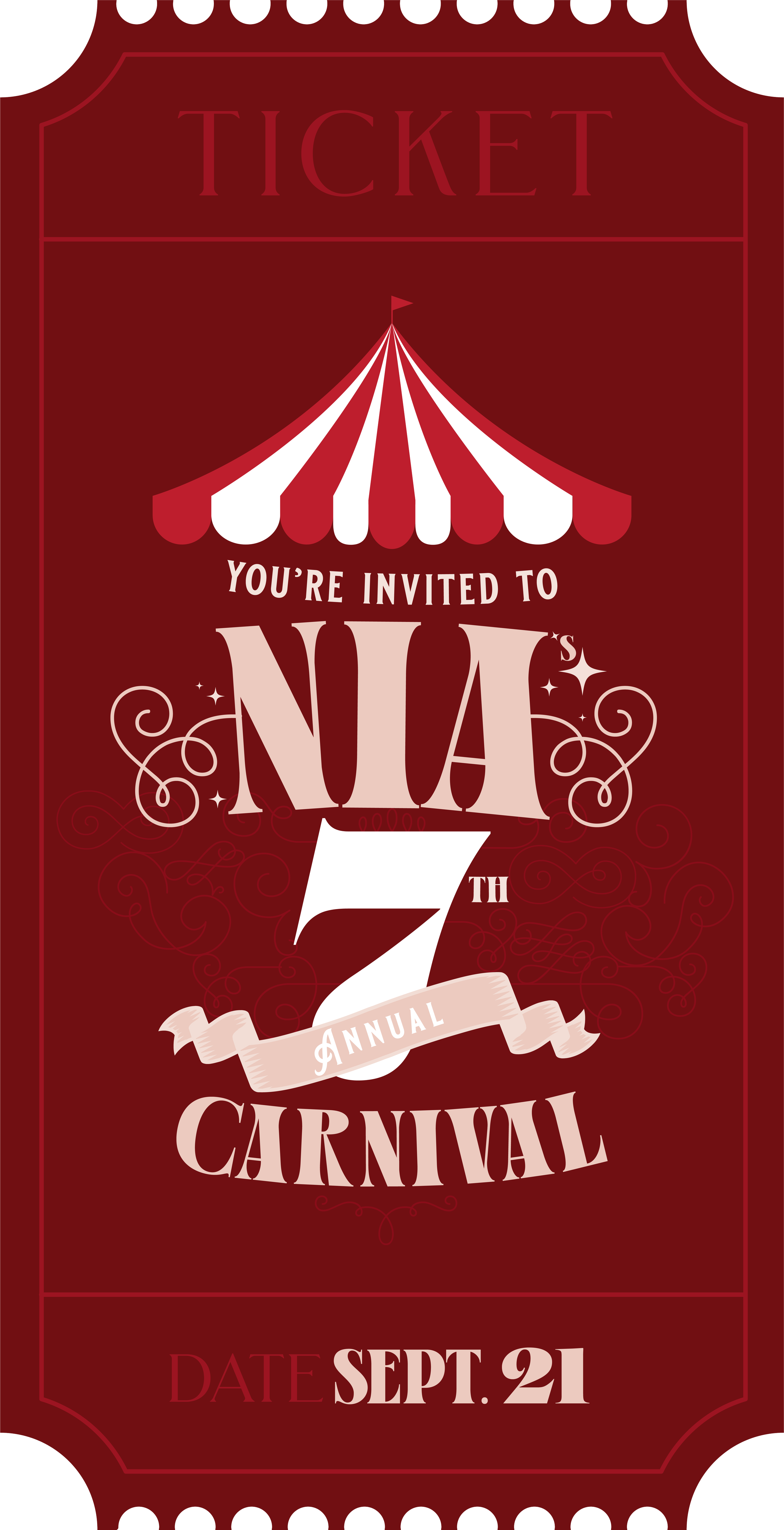 A theatrical-style invitation ticket for the 7th annual carnival, featuring a red and white striped circus tent graphic at the top and event details including date September 21.