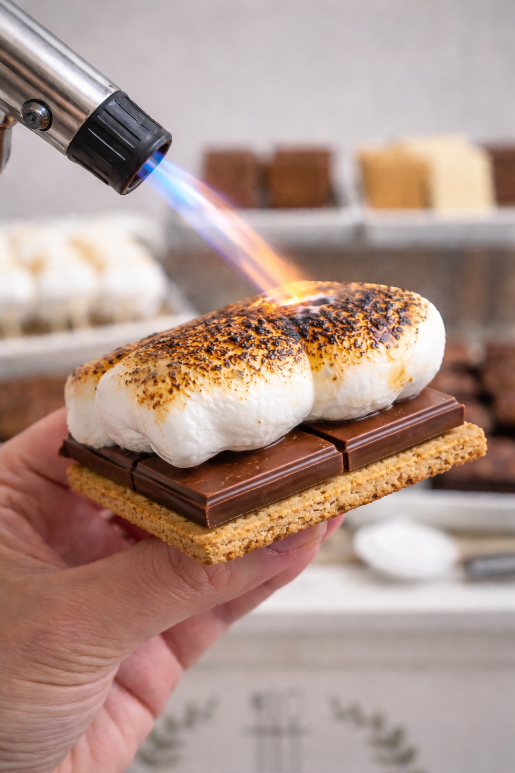 Toasted marshmallows with a chocolate bar on a graham cracker, being torched with a culinary torch.