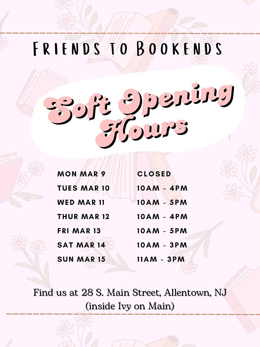 Your weekly reminder that we exist and we have books 📚✨ Check out next week&rsquo;s hours open&mdash; plus Grand Opening is just around the corner (March 21st, 12&ndash;2PM &mdash; mark your calendars!!). Come say hi before the party 🌸☕