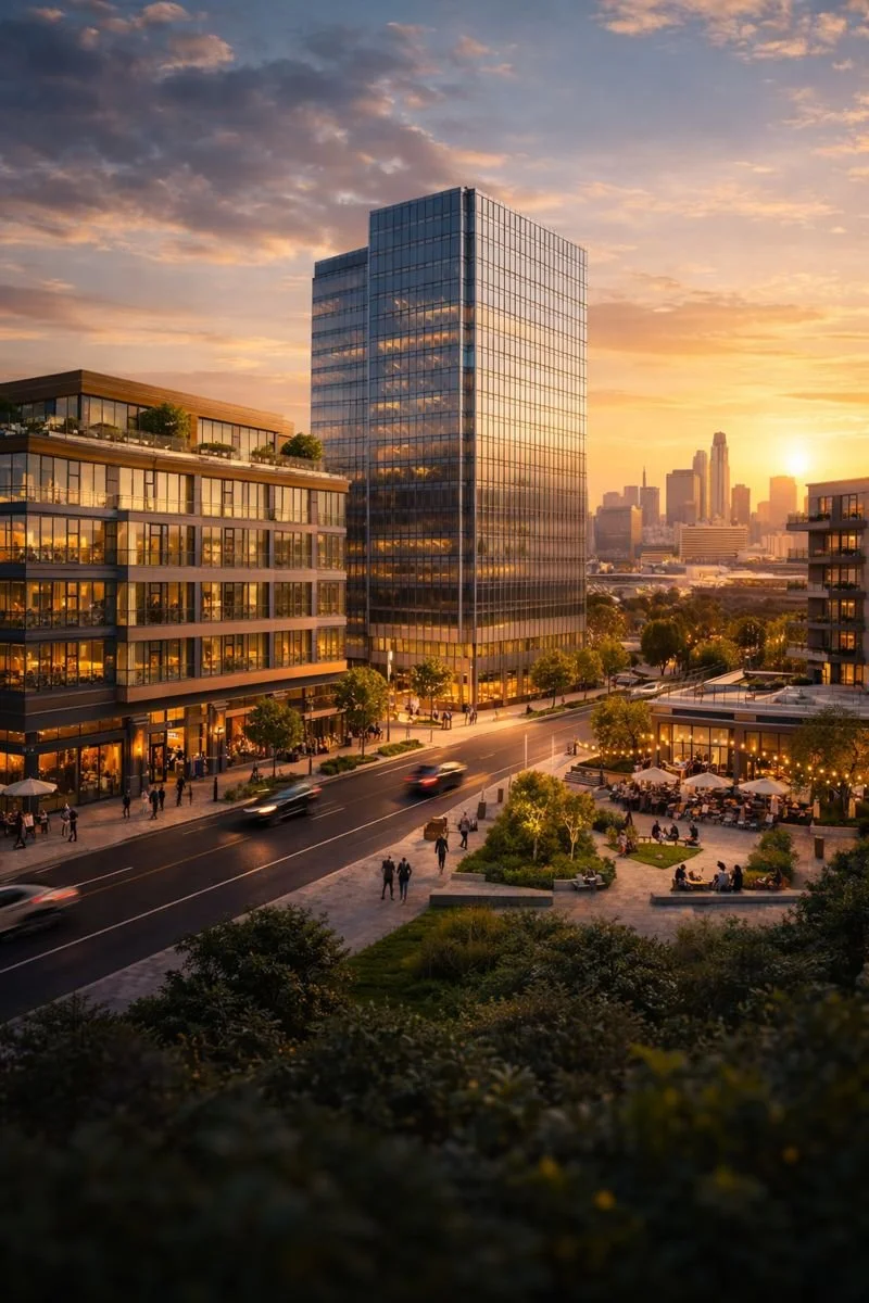 Cityscape at sunset featuring modern glass buildings, a busy street with people walking, cars driving, and outdoor cafes with string lights.
