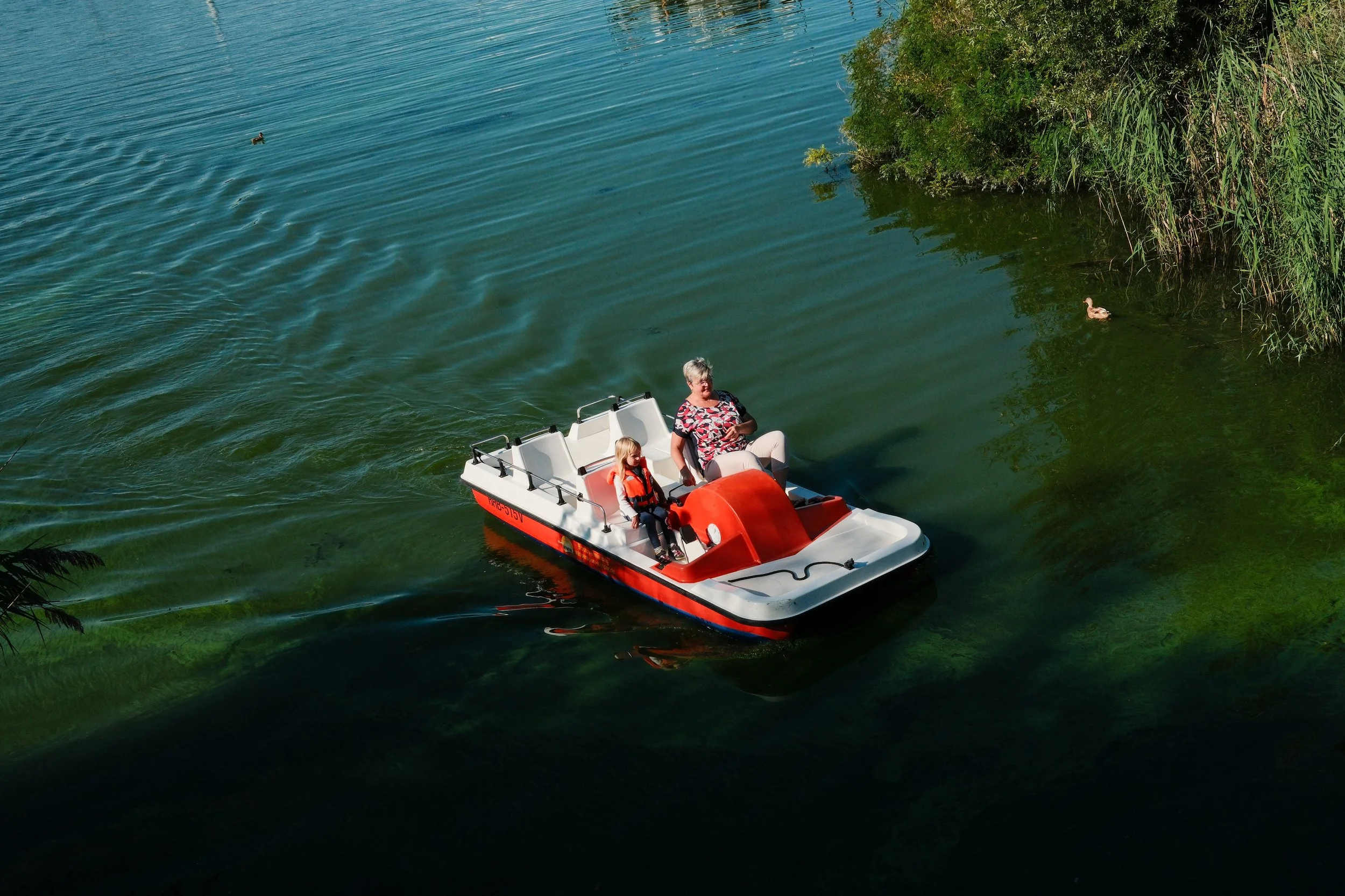 An elderly woman and a young girl are riding a pedal boat on a calm lake surrounded by greenery.