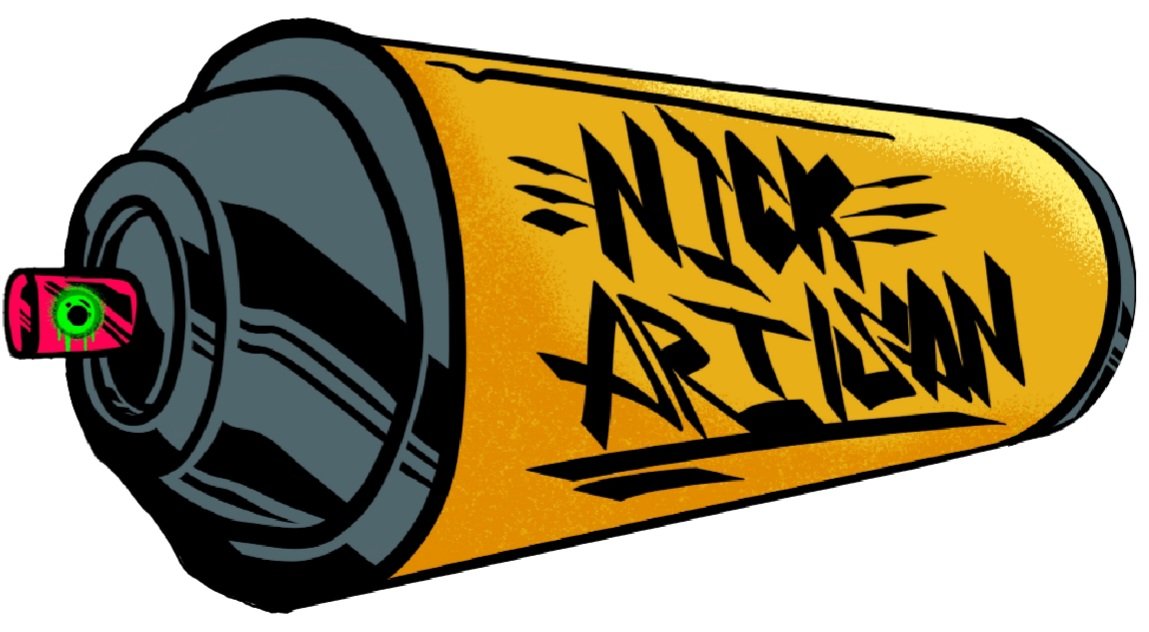 Graffiti-style illustration of a spray paint can with the words "Nick Artime" on it, with a pink nozzle and a green target logo.