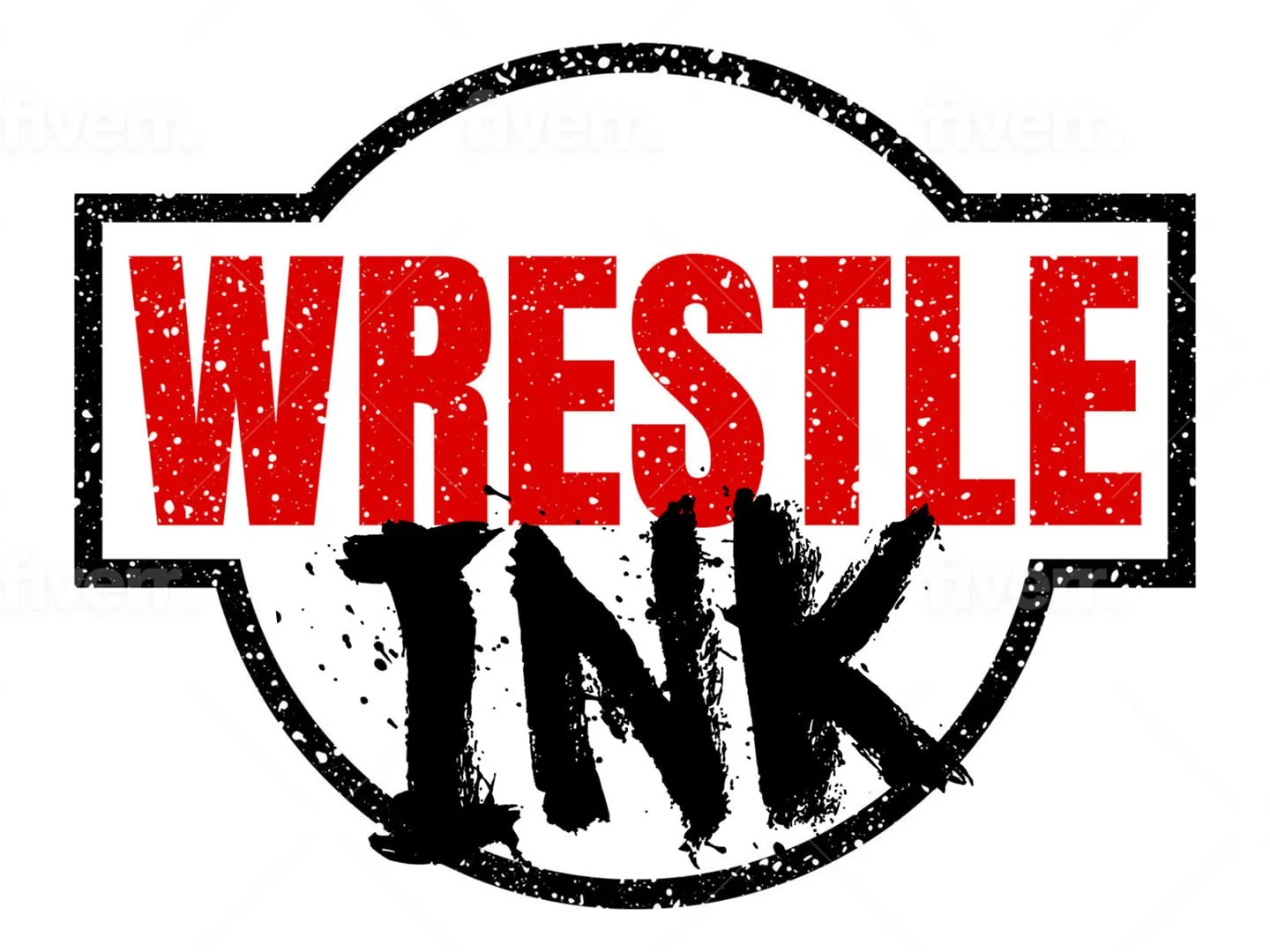 Wrestleink logo with the word 'WRESTLE' in bold red letters and 'INK' in black graffiti-style beneath it, surrounded by a black circular border with white speckles.