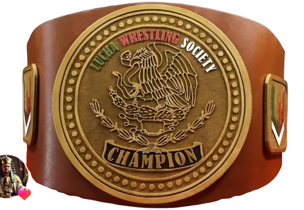 Wrestling Society Champion belt with a gold eagle emblem and leather strap.