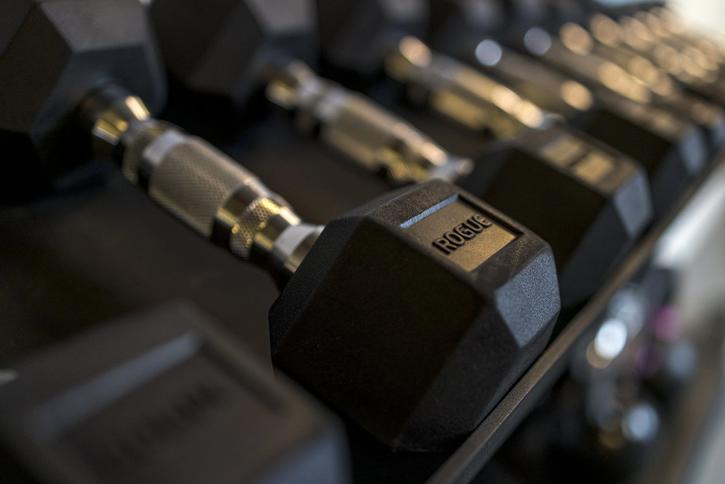 Close-up of a black dumbbell among other similar weights at FlySpace Physical Therapy in New York.