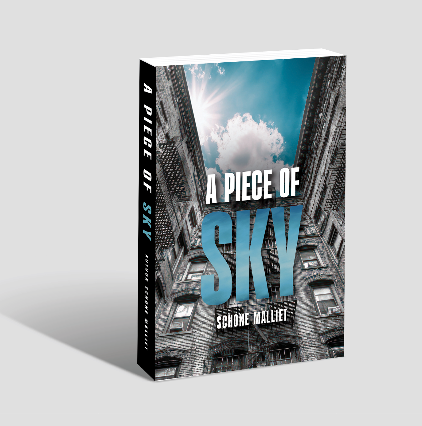 Book cover titled 'A Piece of Sky' by Schone Malliet, depicting a city alleyway looking up at the sky with buildings on both sides and a partly cloudy sky with sunlight.