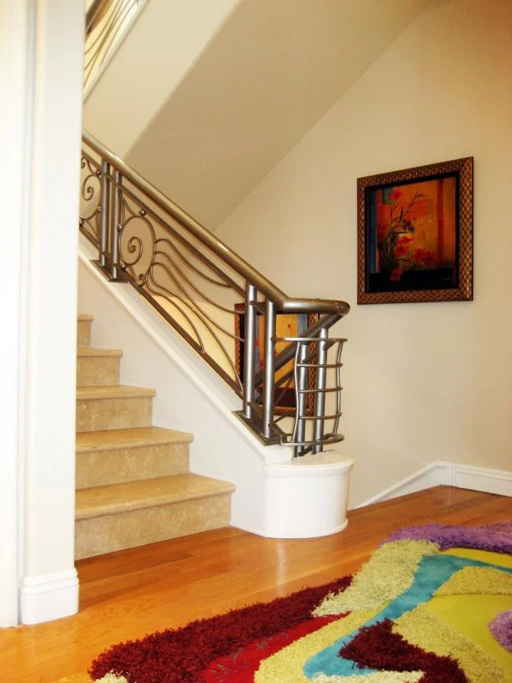 Interior view of a staircase with beige carpeted steps, a metal handrail, a colorful rug on the wooden floor, and framed artwork on the wall.