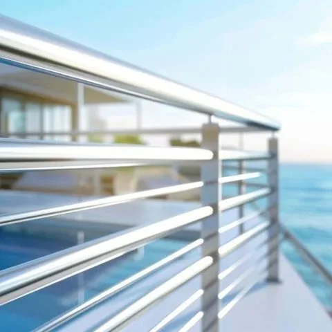 Close-up view of a modern metal railing on a balcony overlooking the ocean.