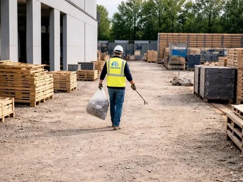 Jobsite cleaning personnel maintaining clean and organized work areas on an active construction project