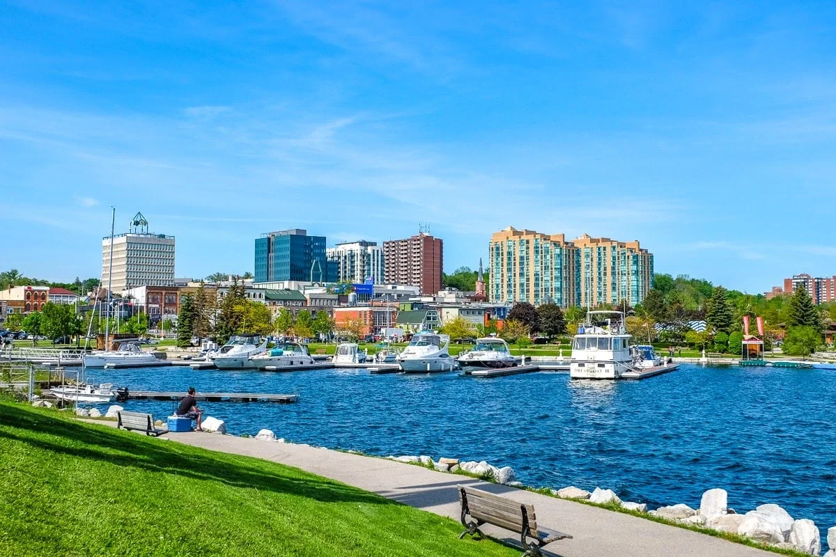View of a city skyline and marina with boats on a river, green grass, benches, and a clear blue sky.