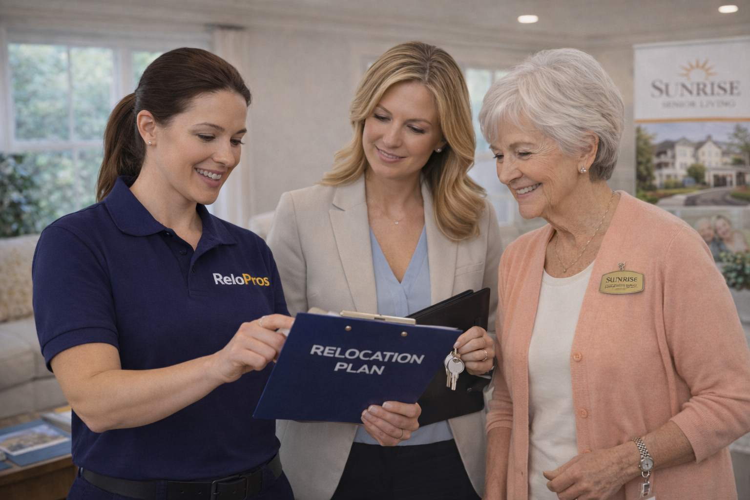 Three women, one in a navy polo with 'ReloPros' logo, one in a beige blazer, and one in a pink cardigan, standing indoors in front of a window, looking at a relocation plan folder, smiling.