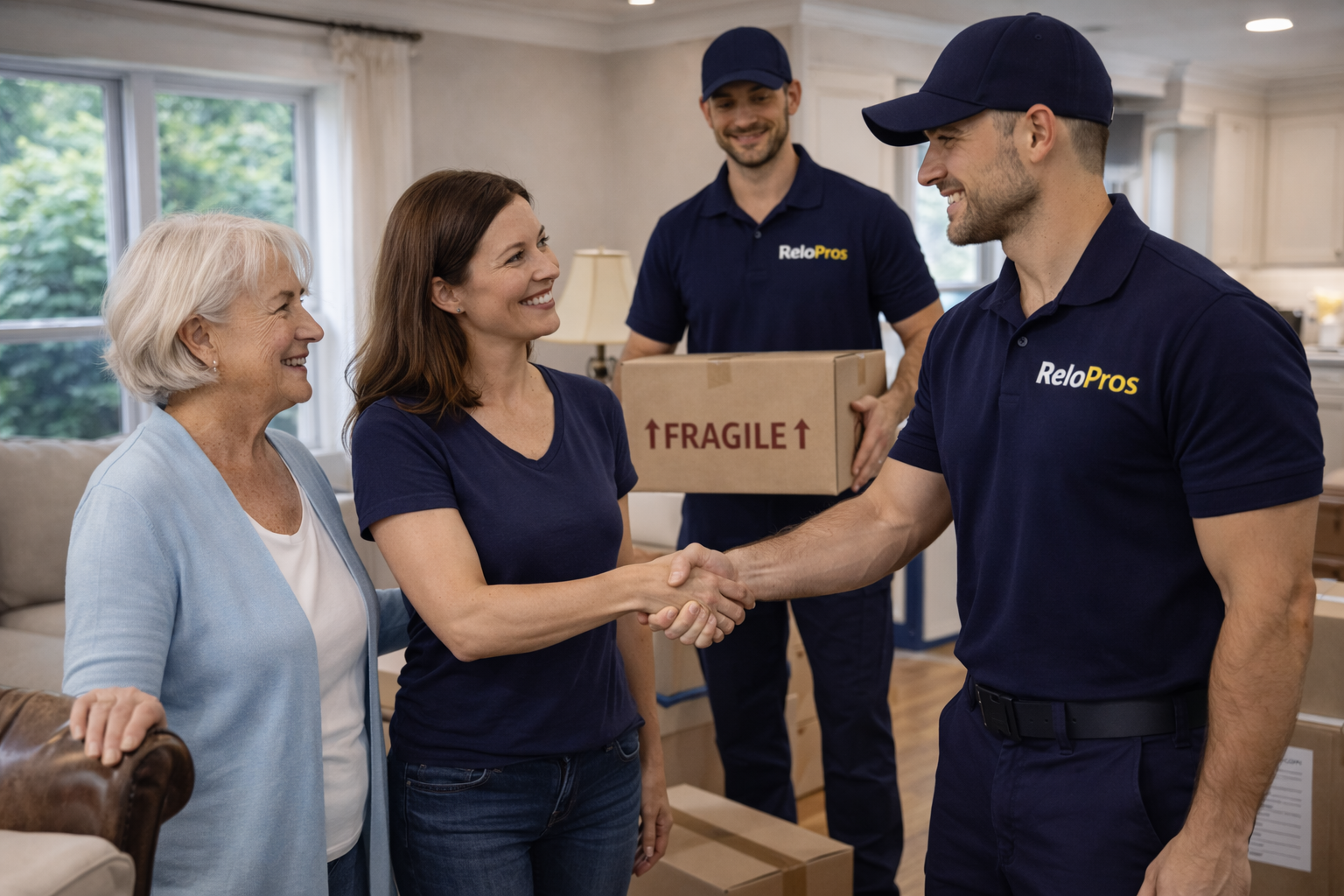 A group of four people, including an elderly woman, a middle-aged woman, and two men, one of whom is handing a box labeled "Fragile" while the others shake hands and smile in a living room setting.