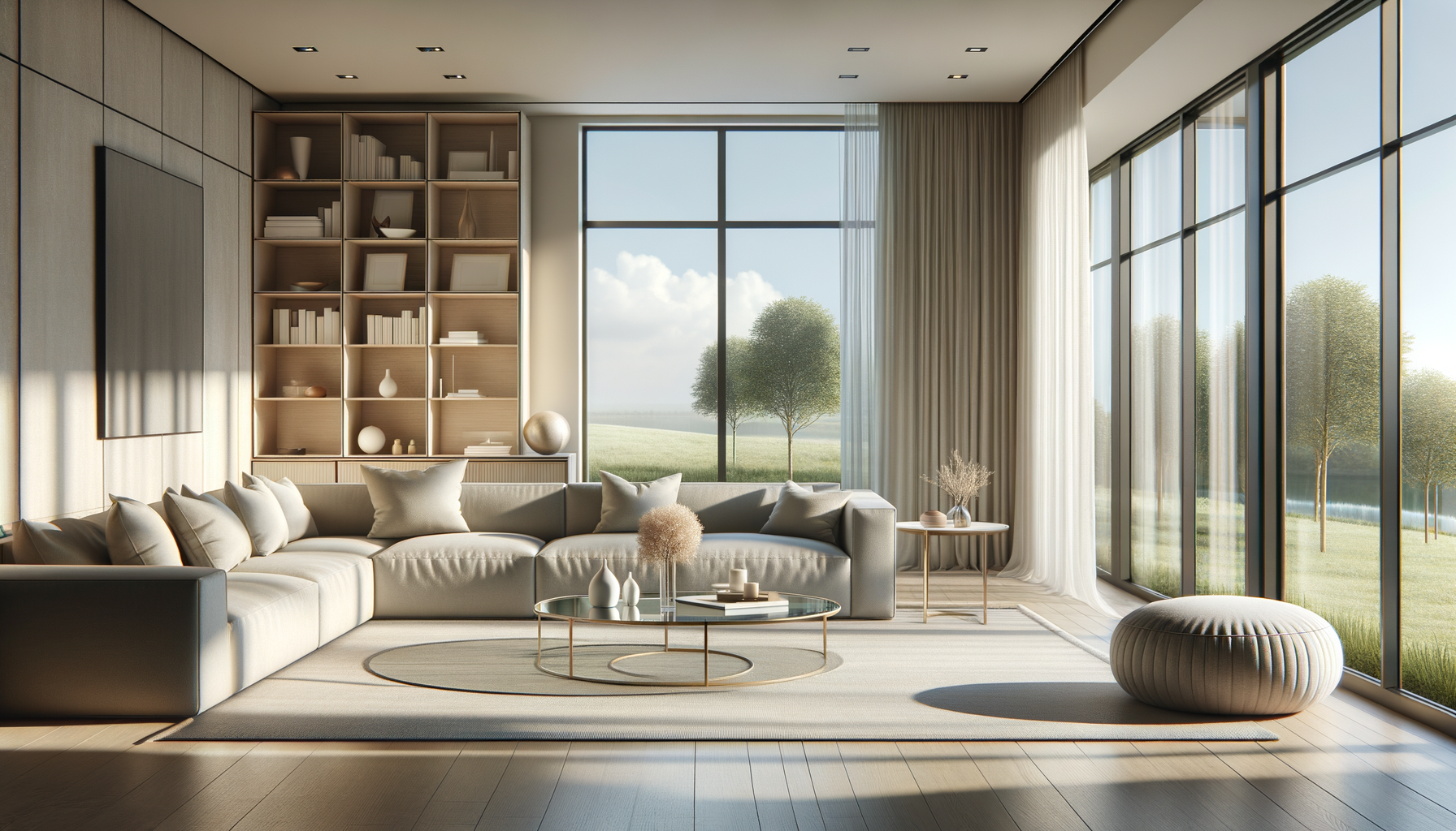 Modern living room with large windows, beige sectional sofa, round glass coffee table, light wood flooring, decorative vases and books, built-in bookshelf, and outdoor view of trees and grass.