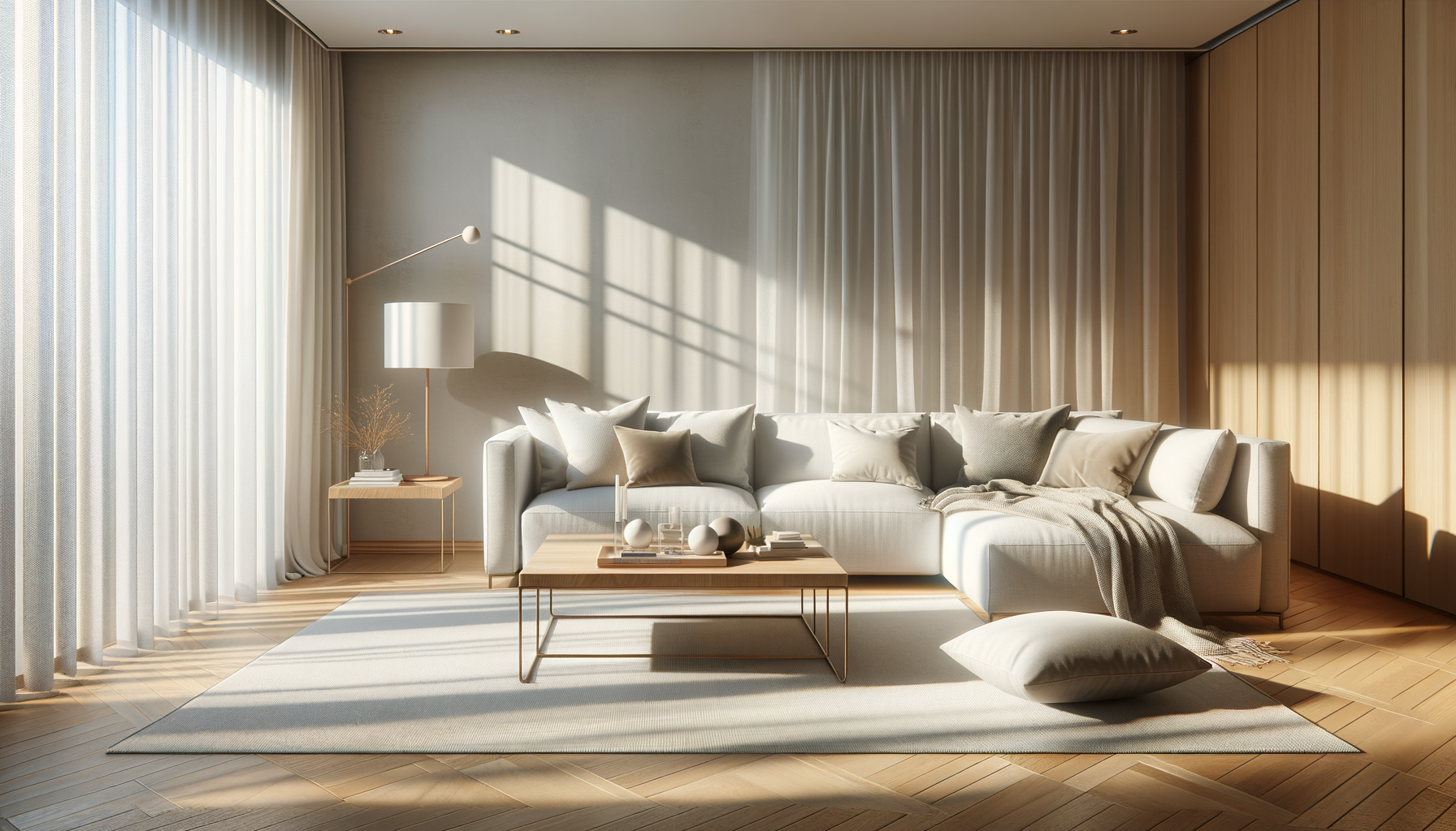 Minimalist living room with white sofa, beige and gray pillows, beige throw blanket, light wood coffee table with decorative objects, white armchair, side table with a lamp and plant, light wood flooring, large window with sheer curtains, and wood-paneled wall, illuminated by sunlight.