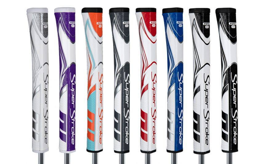 A lineup of eight golf clubs with different color designs on the shafts and grips, labeled 'Super Stroke' and 'Pistol'