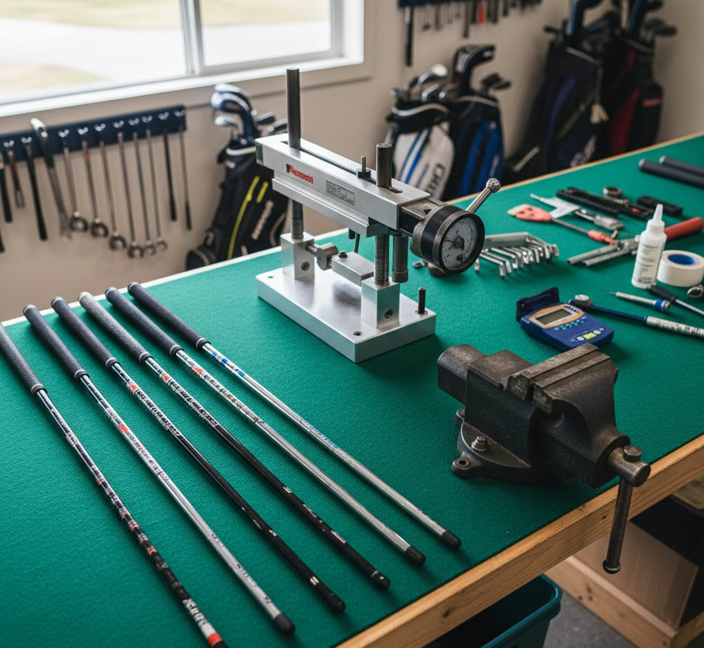 A workbench with golf club clubs, a golf club repair press, a vise, and various tools including a digital caliper and glue in a golf workshop.