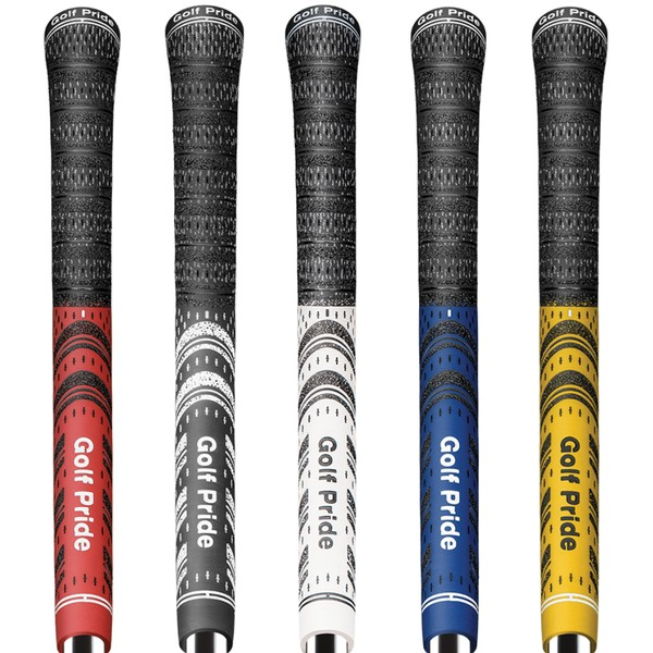 Five golf club grips in different colors: red, black, white, blue, and yellow, each labeled with 'Golf Pride' at the top.