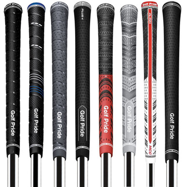 A row of eight golf club grips in various designs and colors.