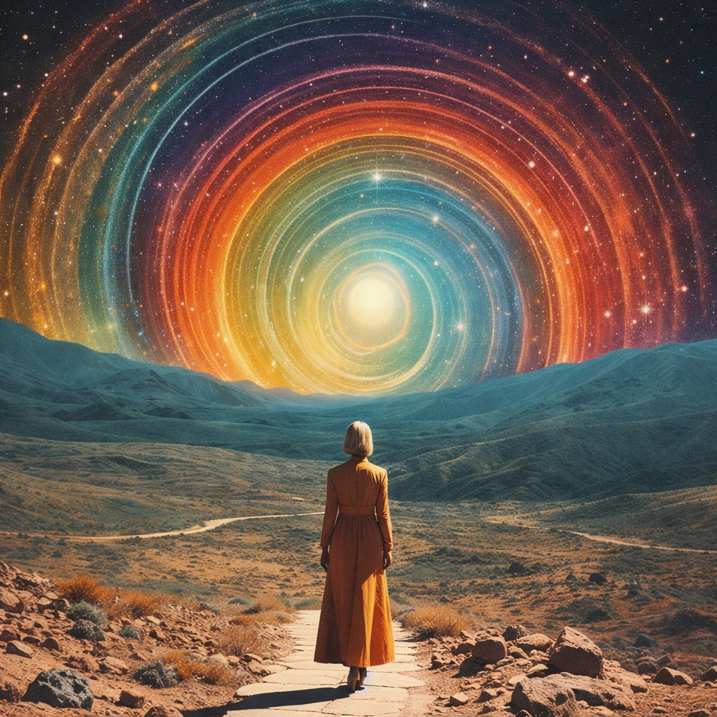 A woman in a long yellow dress walks on a rocky path toward a mountain range with a vibrant, colorful cosmic sky filled with swirling nebulae and stars.