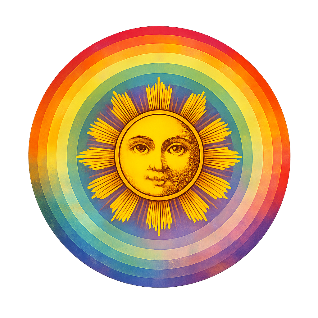 Colorful rainbow with a sun featuring a sun face in the center.