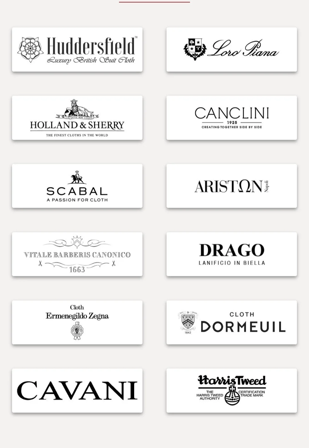 Twenty different luxury clothing brand logos arranged in four columns.
