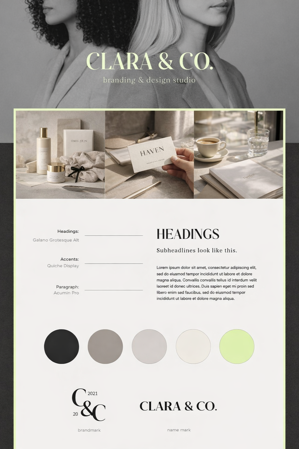 A branding and design studio promotional poster for CLARA & CO. featuring a monochrome background image of two women's faces, a row of product photos, sample text sections with headings, and color palette circles in black, gray, beige, and light green."