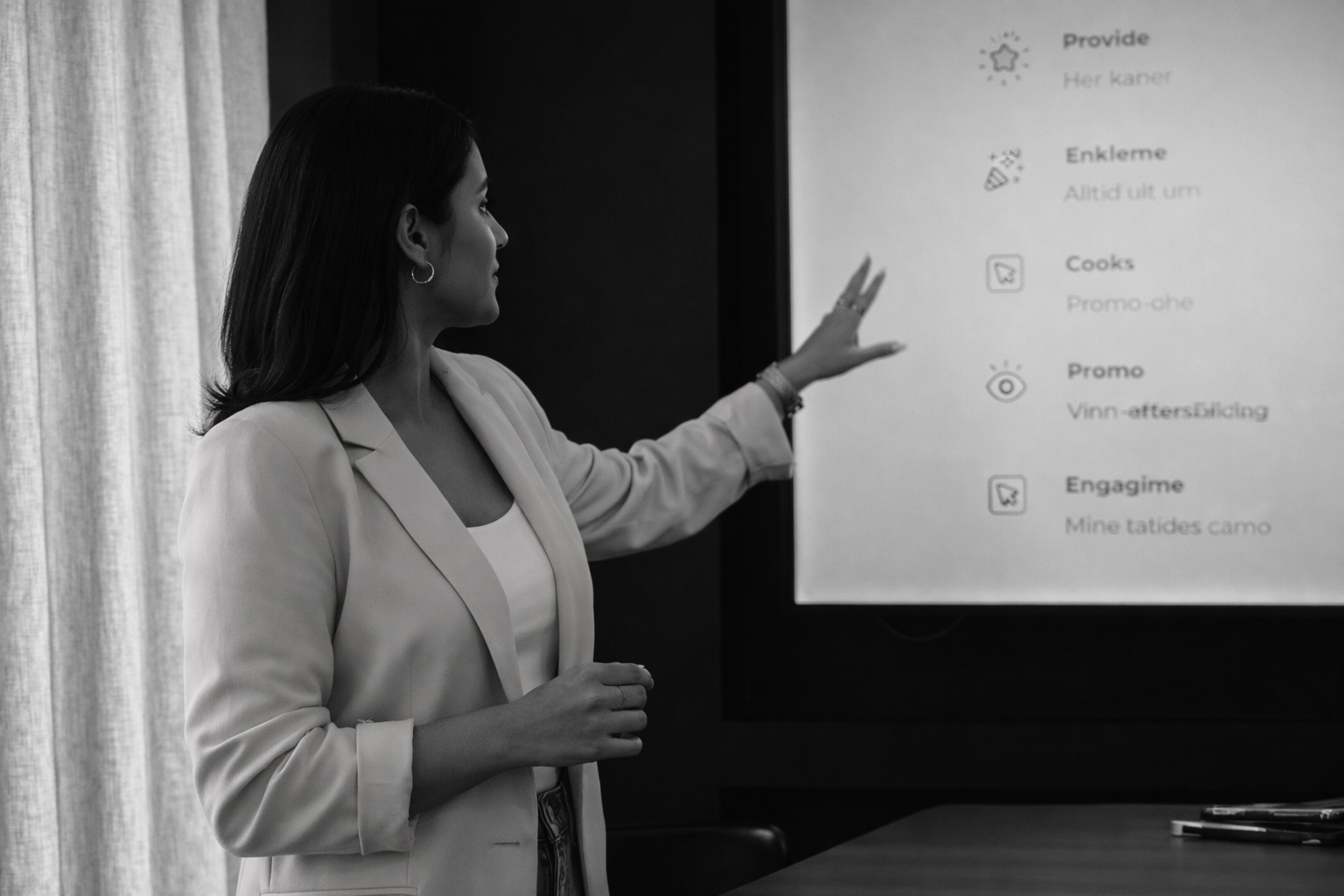 A woman in business attire pointing at a presentation slide on a screen.