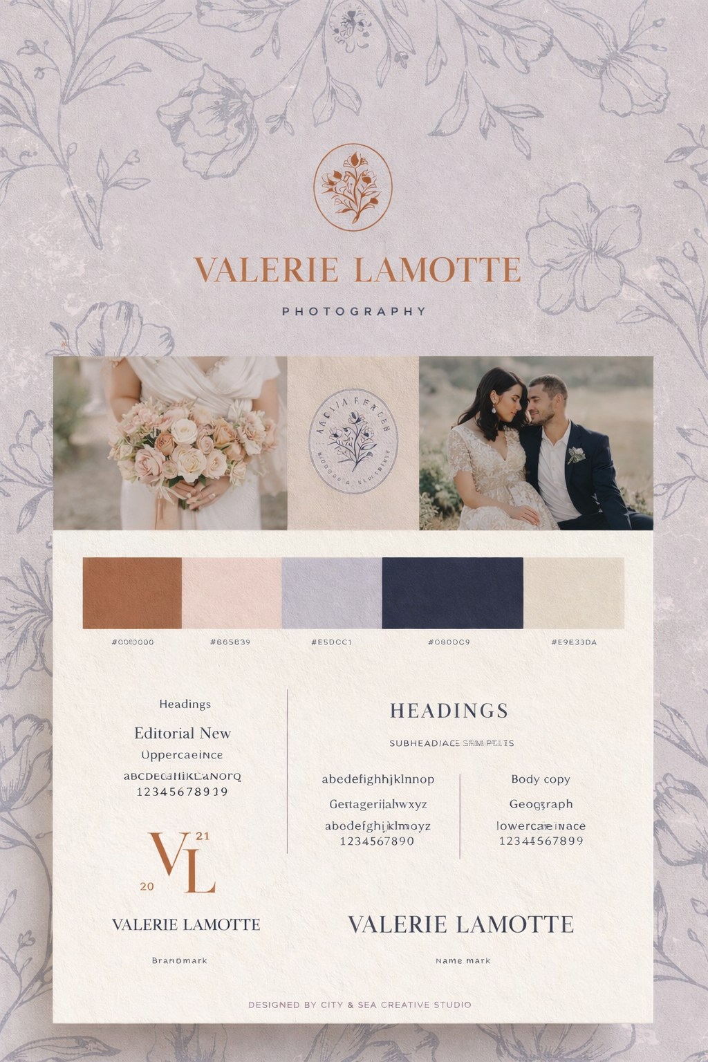Design branding for Valerie Lamotte Photography featuring a floral theme, pastel color palette, and sample text and images.