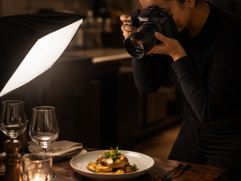Photographer taking a picture of a plated gourmet dish in a dimly lit restaurant.