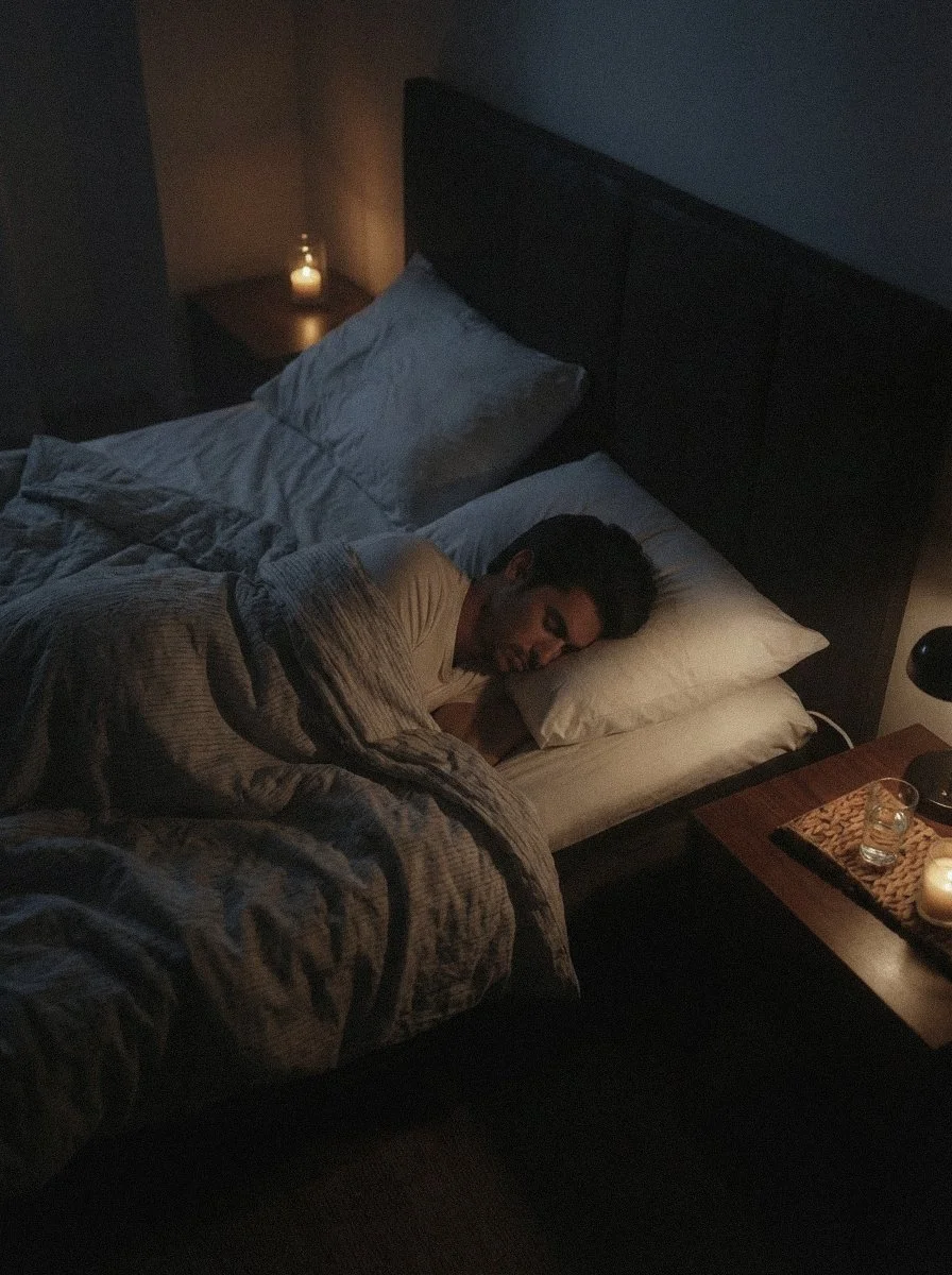A person sleeping in bed in a dimly lit bedroom with a nightstand, candle, and a glass of water.