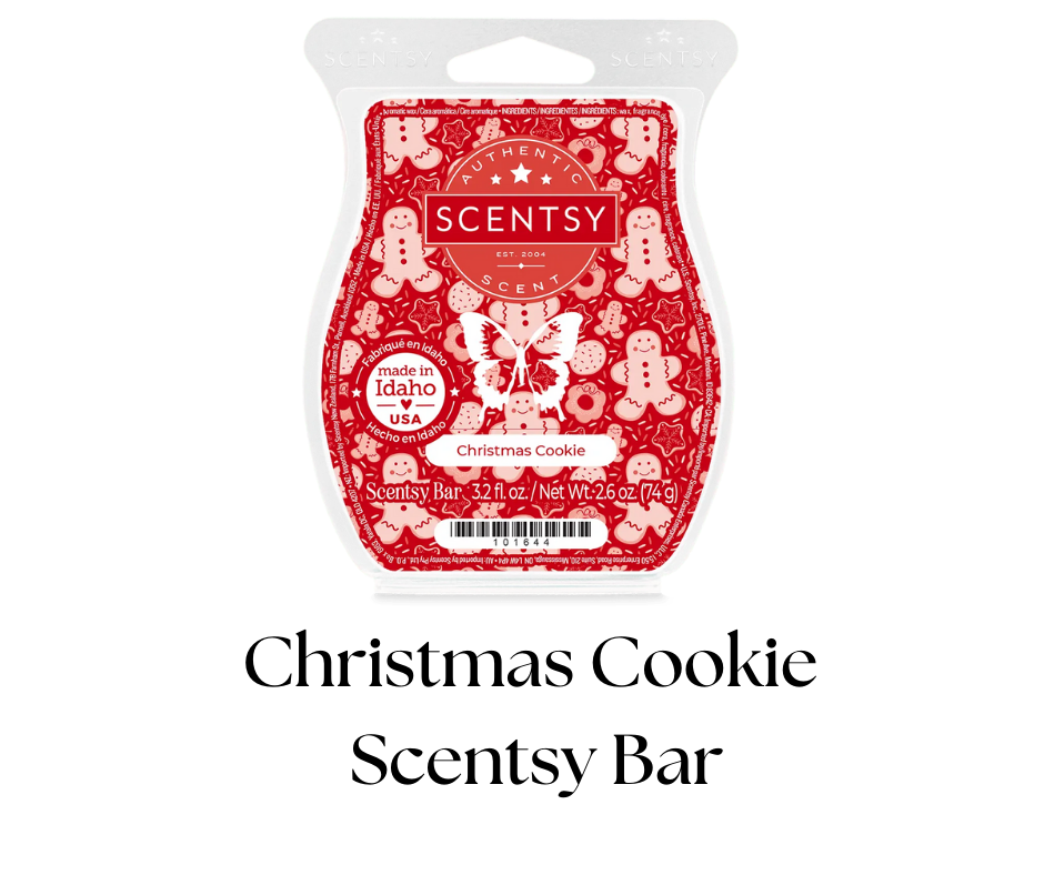 Scentsy Christmas Cookie scented wax bar package with holiday-themed design featuring gingerbread cookies, stars, and snowflakes, and a white butterfly logo in the center.