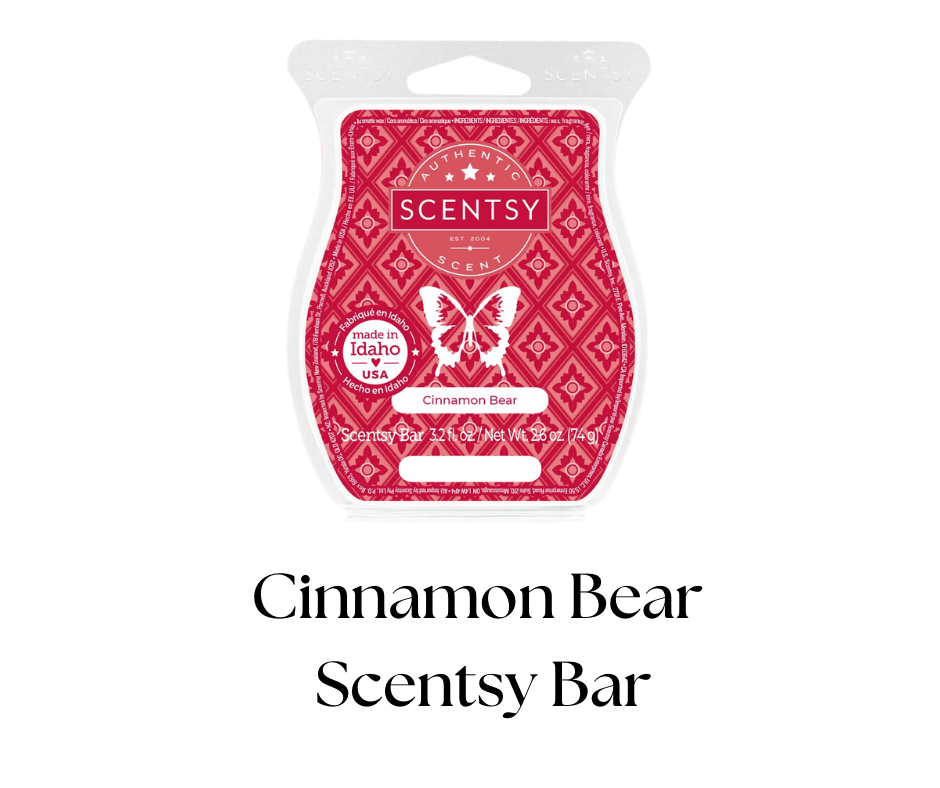 A Scentsy scented wax bar in Cinnamon Bear fragrance, made in Idaho, USA, with red patterned packaging and a butterfly logo.