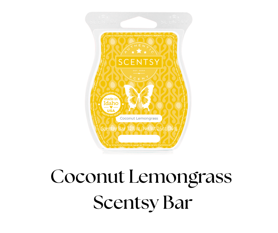 A Scentsy scented wax bar package in yellow and white with a butterfly logo, labeled 'Coconut Lemongrass,' containing 3.2 fluid ounces or 74 grams, with a Christmas-themed header and 'made in Idaho, USA' label.