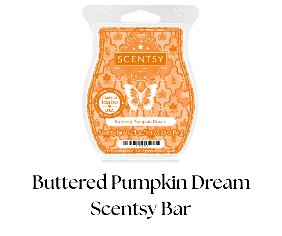 Scentsy wax bar in packaging with orange pumpkin and floral pattern, label reads Buttered Pumpkin Dream, 3.2 fluid ounces, made in Idaho, USA.