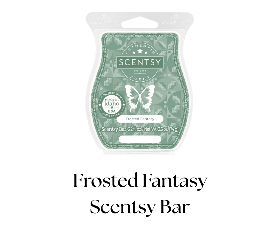Scentsy Frosted Fantasy scented wax bar package with green and white butterfly design, made in Idaho, USA, 3.2 fluid ounces.