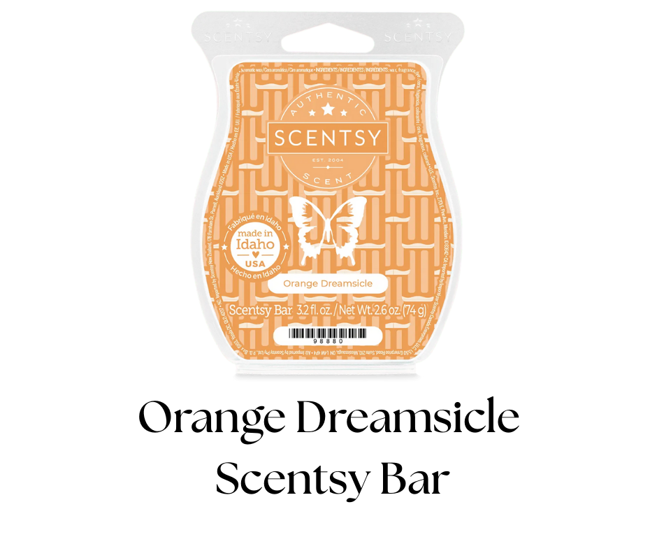 A Scentsy wax melt in an orange Dreamscape scent package designed in the shape of a butterfly with a white butterfly image on a white background.
