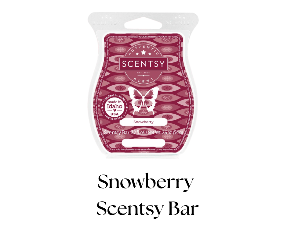 Scentsy Snowberry scented wax bar package with butterfly logo, made in Idaho, USA label, and purple and white design.