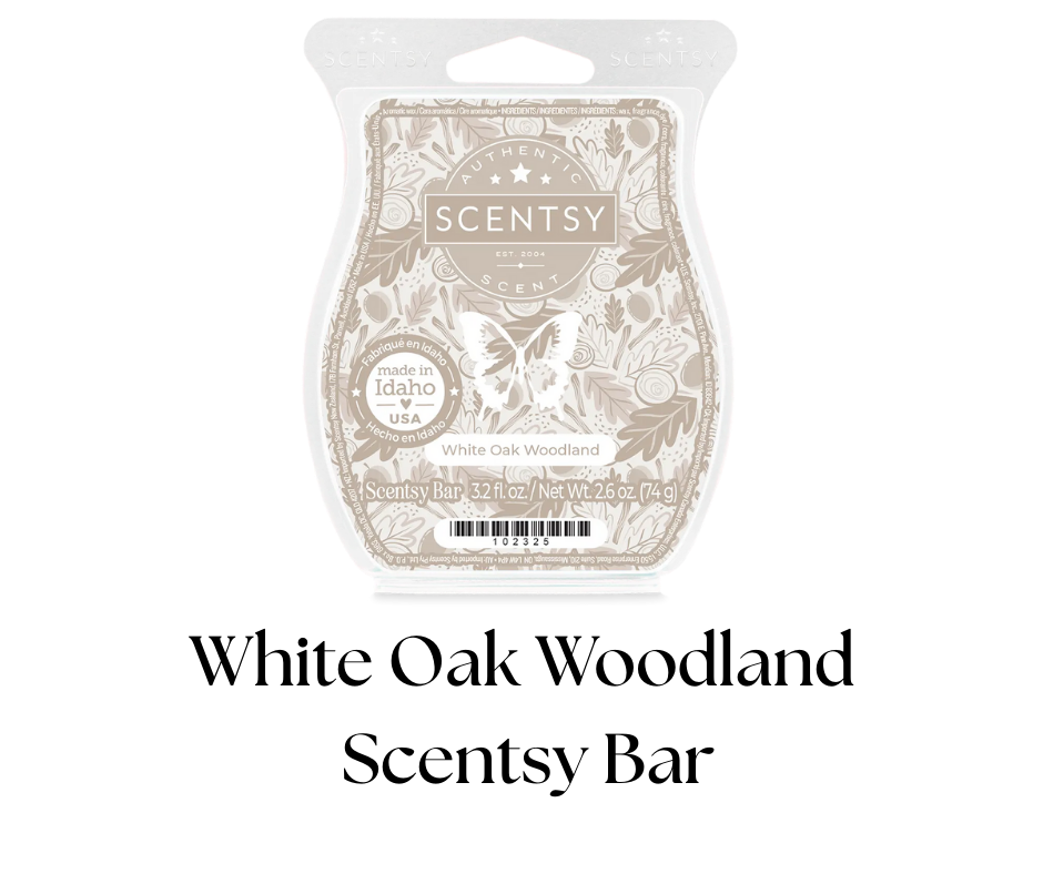 A white Scentsy bar package with a butterfly and floral design, labeled 'White Oak Woodland' and indicating it is made in Idaho, USA.